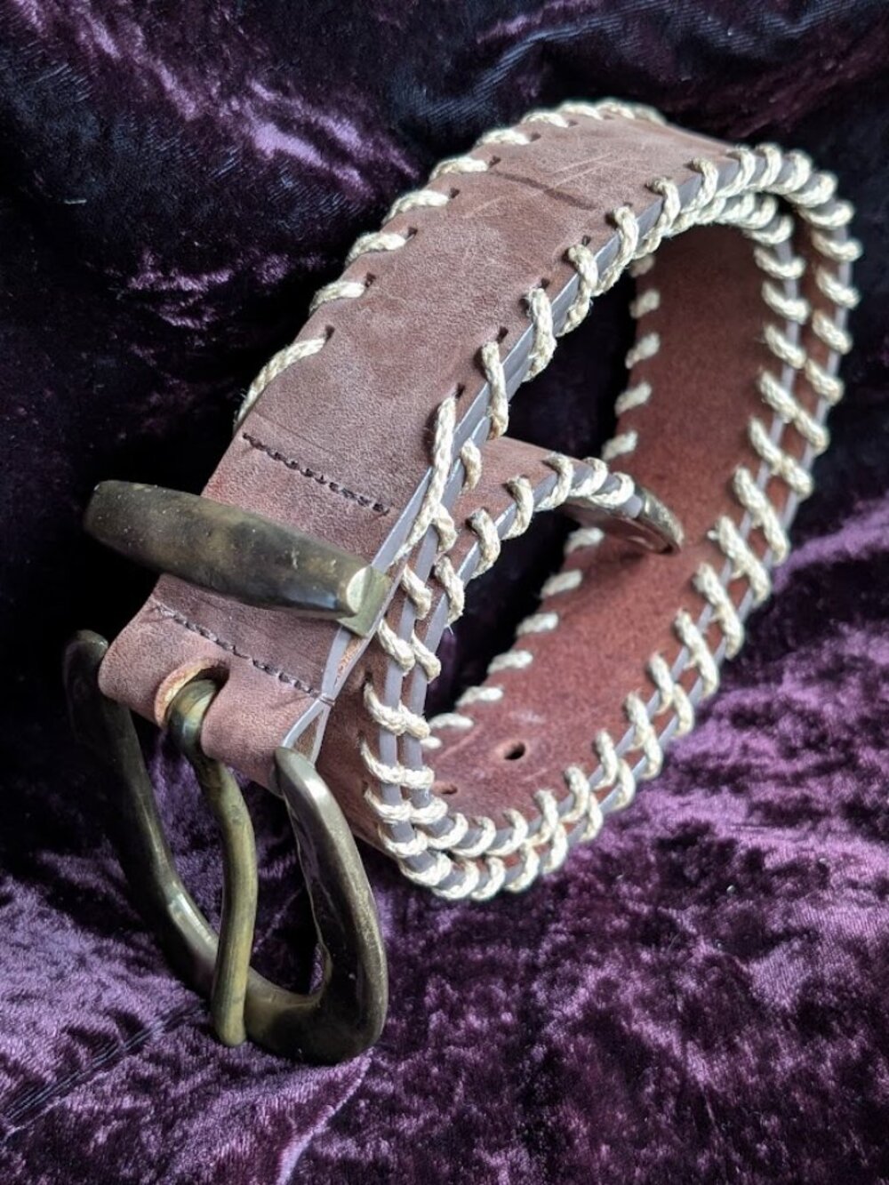 Vintage Brass and Leather Belt with Rope Edge - handsome & thick - 32" wearable